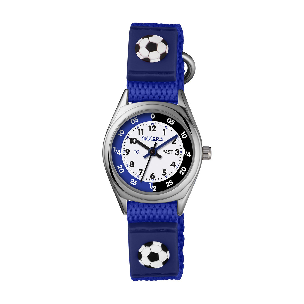 Children's watch with blue strap and soccer ball design on a white background