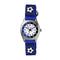 Children's watch with blue strap and soccer ball design on a white background