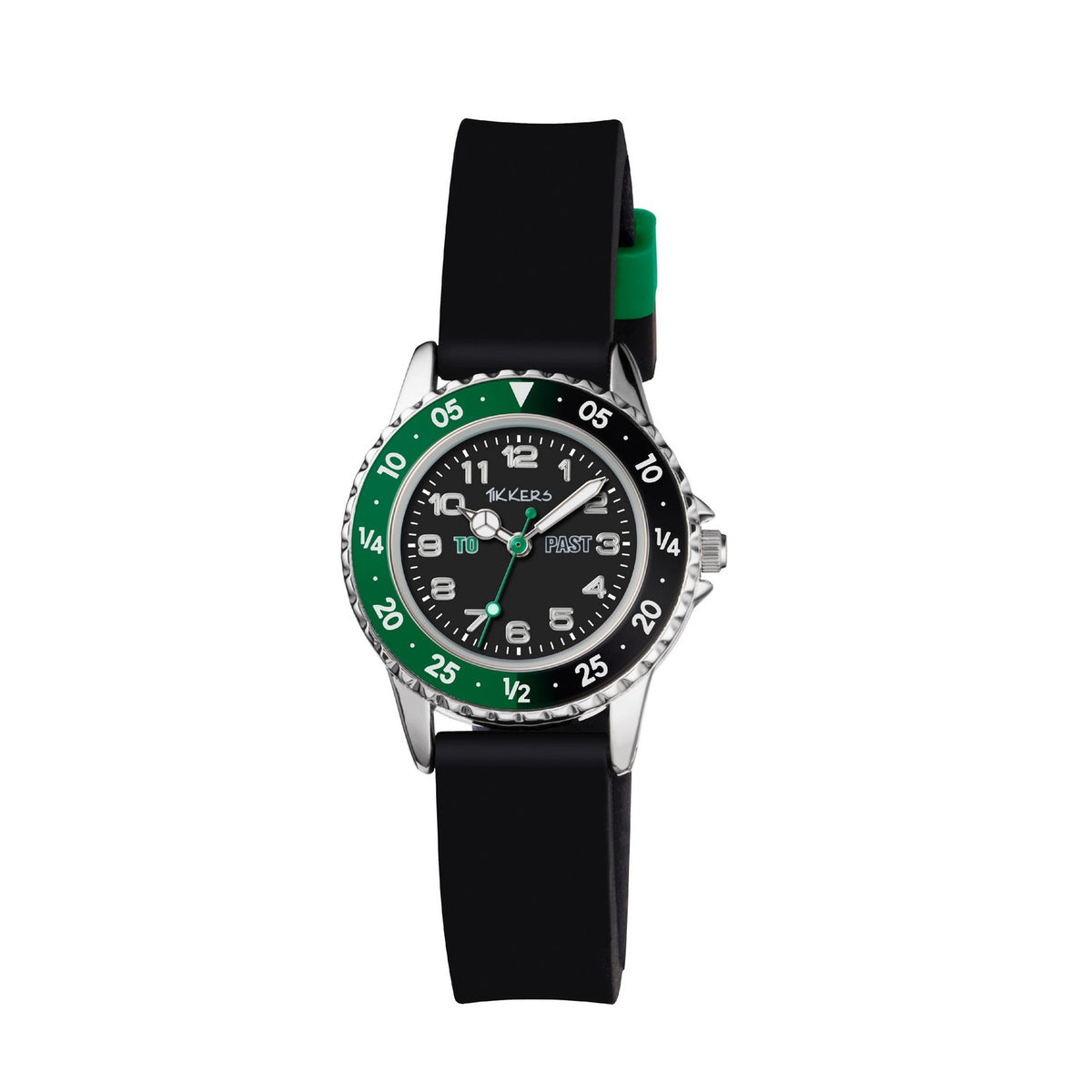 Watch with black strap and green accents on a white background