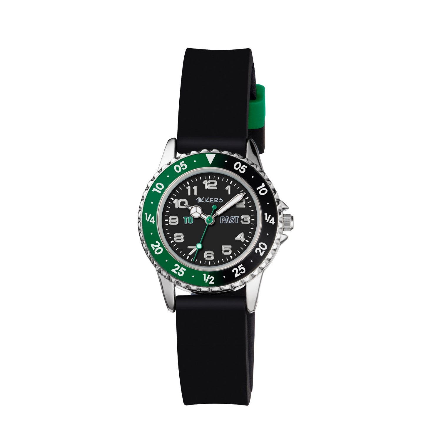 Watch with black strap and green accents on a white background