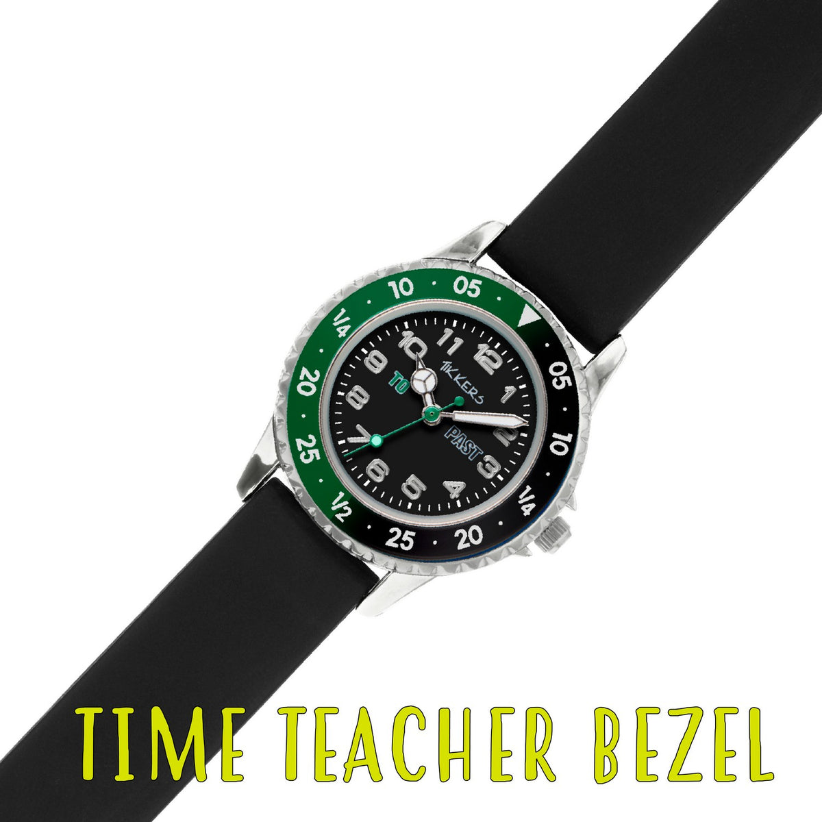 Watch with a green bezel and black strap on a white background, featuring text 'TIME TEACHER BEZEL'.