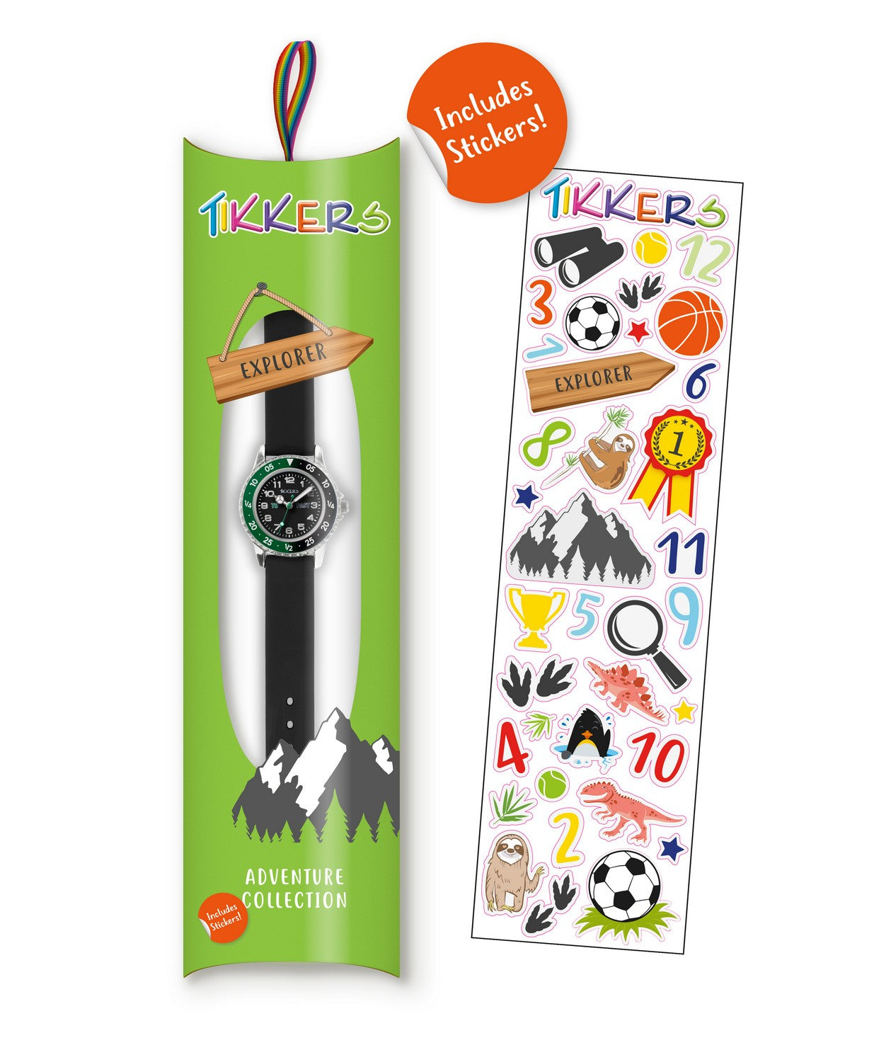 Children's watch with green strap and black face, accompanied by a sheet of stickers featuring various graphics.