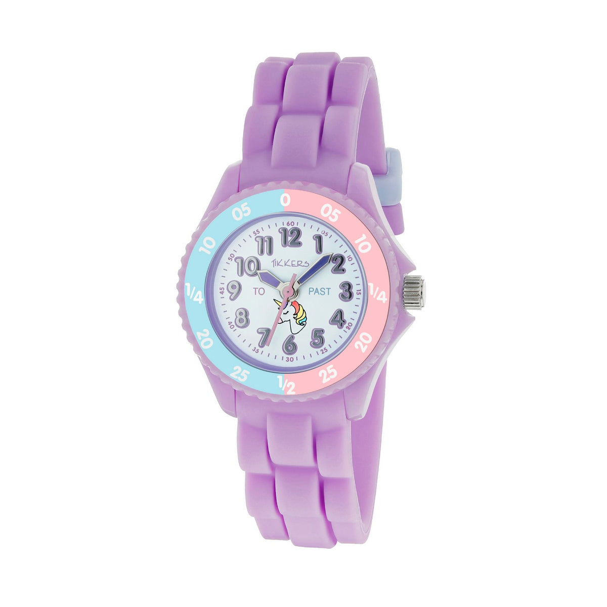 Purple children's watch with a colorful face on a white background