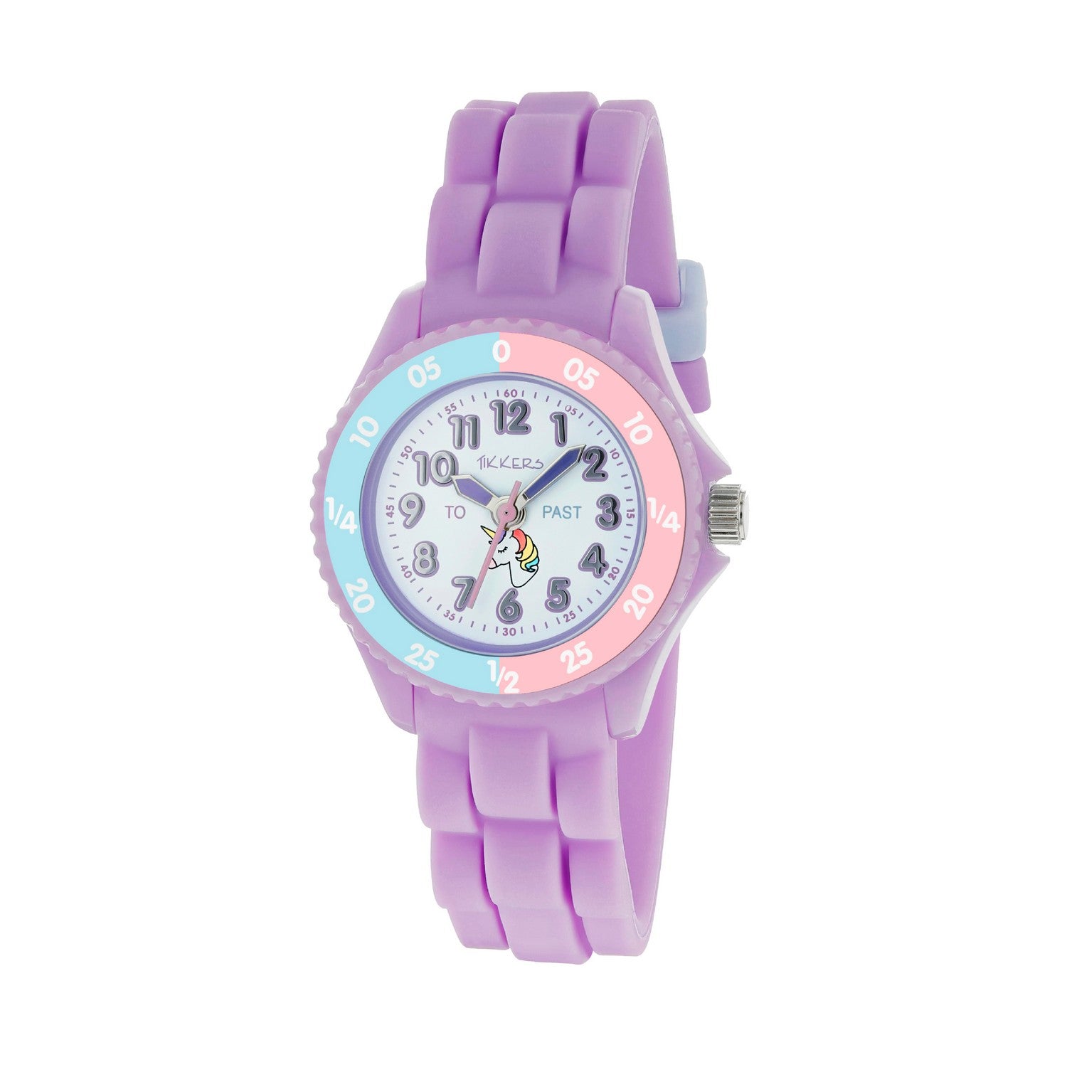 Purple children's watch with a colorful face on a white background