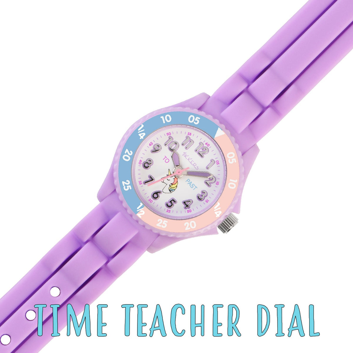 Purple children's watch with a colorful dial on a white background