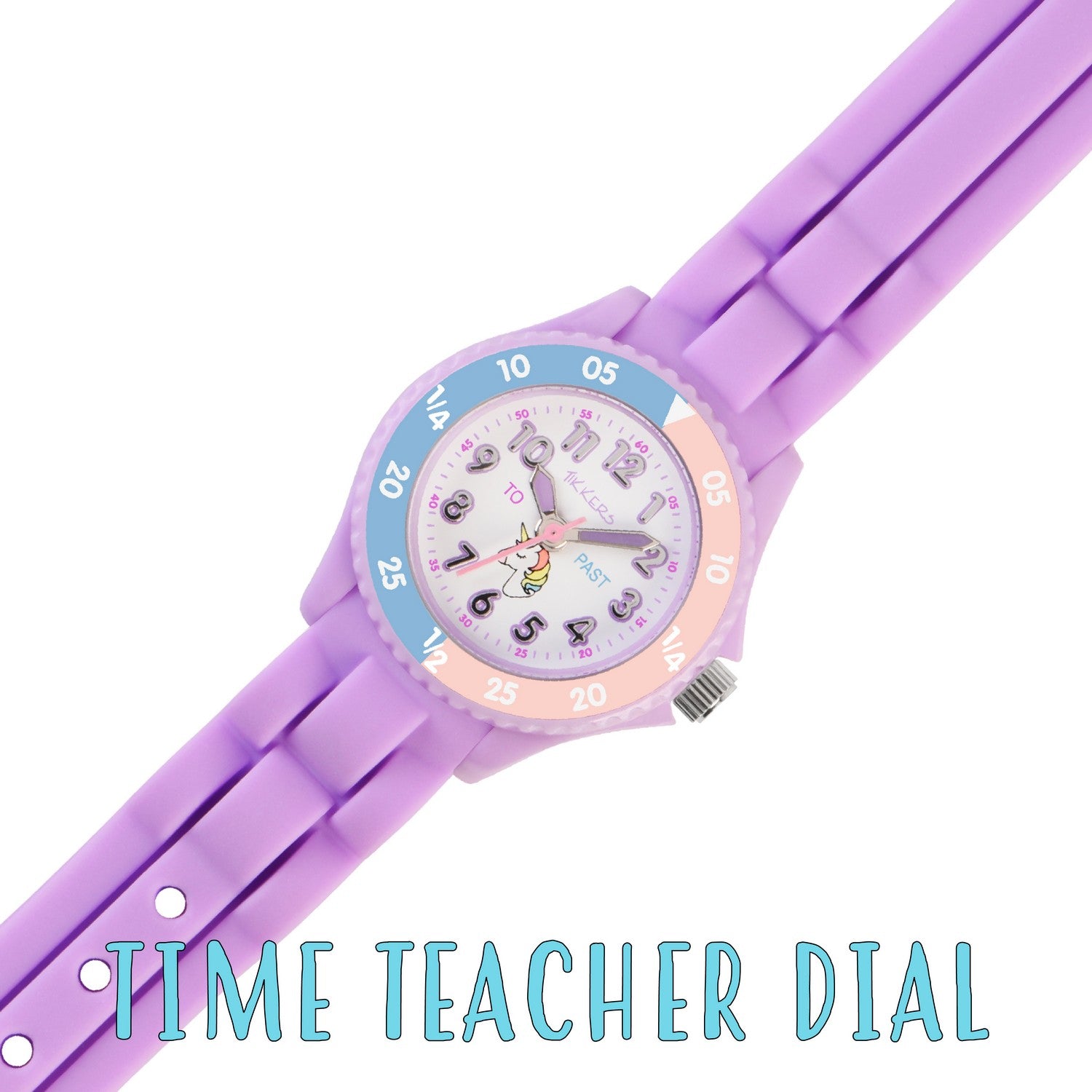 Purple children's watch with a colorful dial on a white background