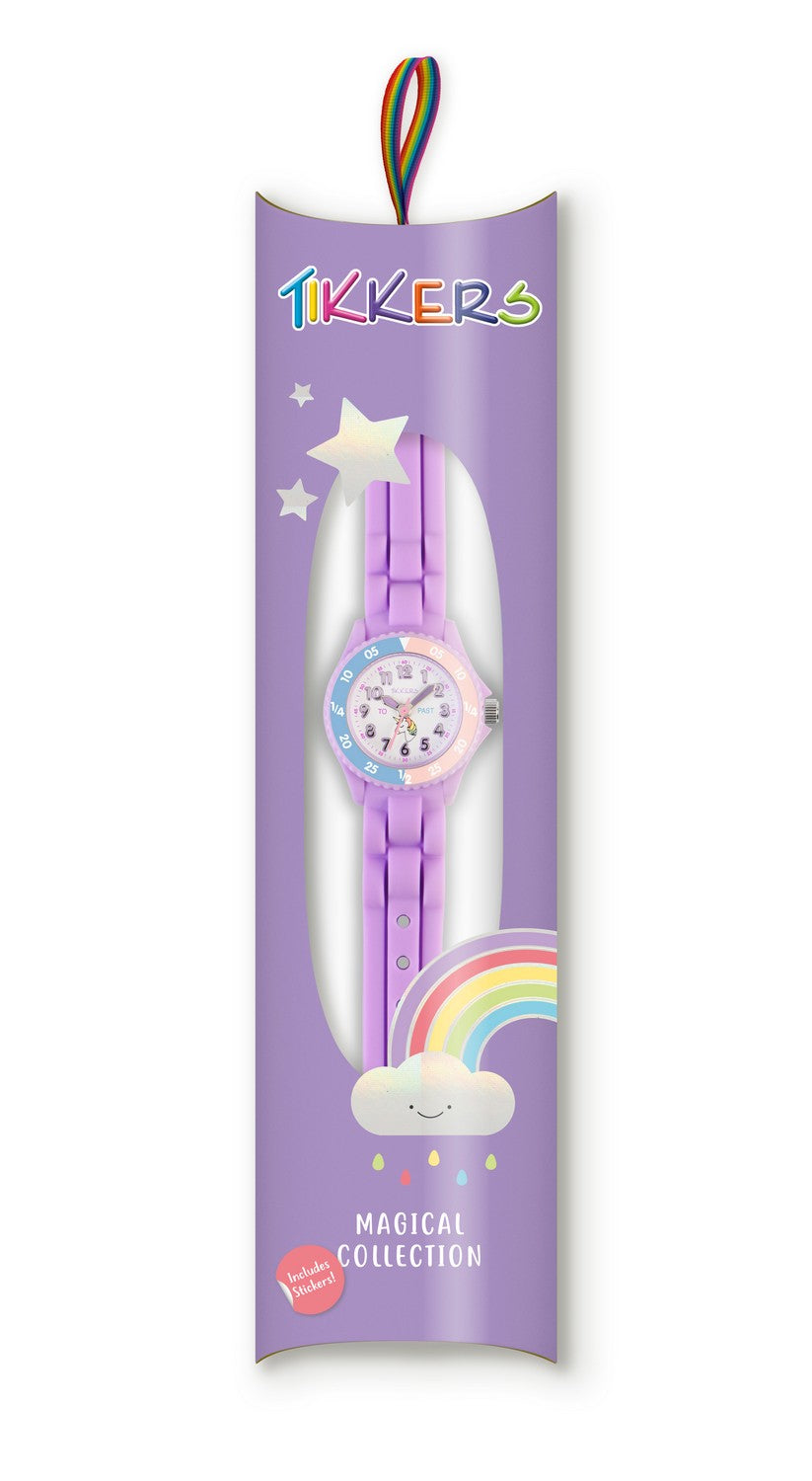 Purple children's watch with a colorful face on a white background