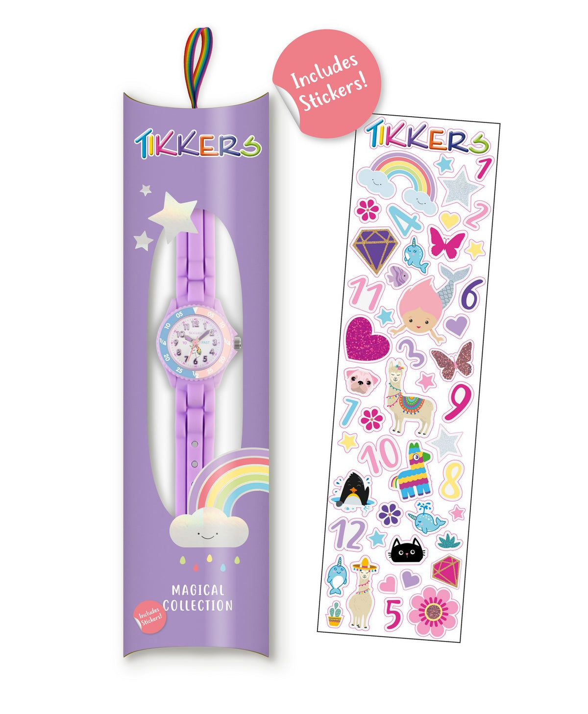 Children's watch with colorful design and a sheet of stickers in packaging