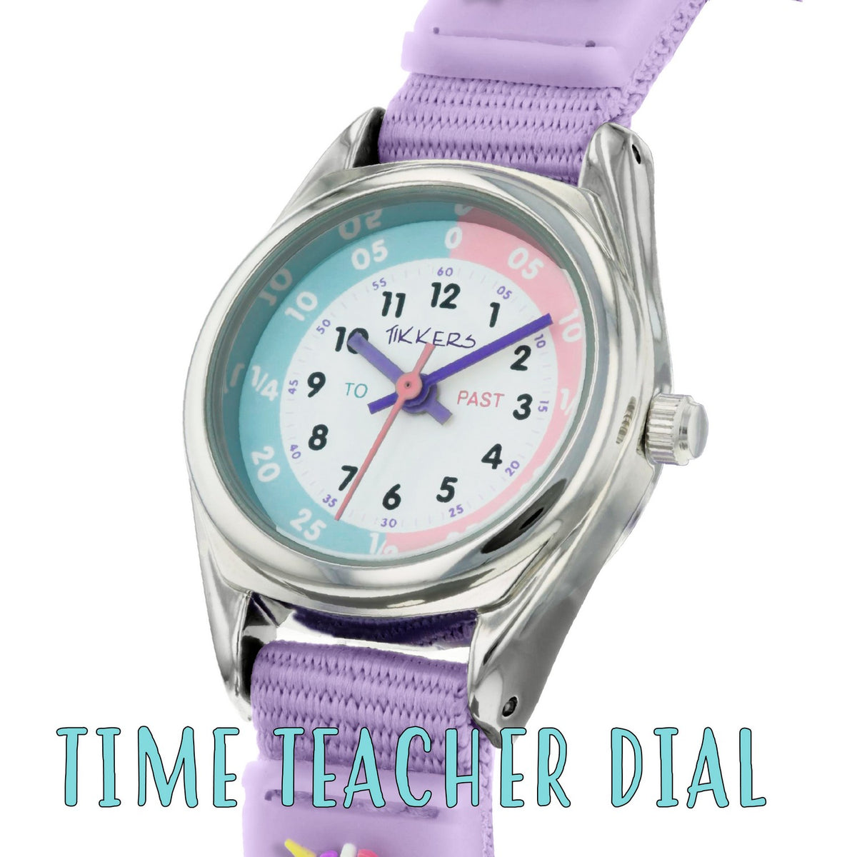 Watch with a colorful dial and purple strap on a white background