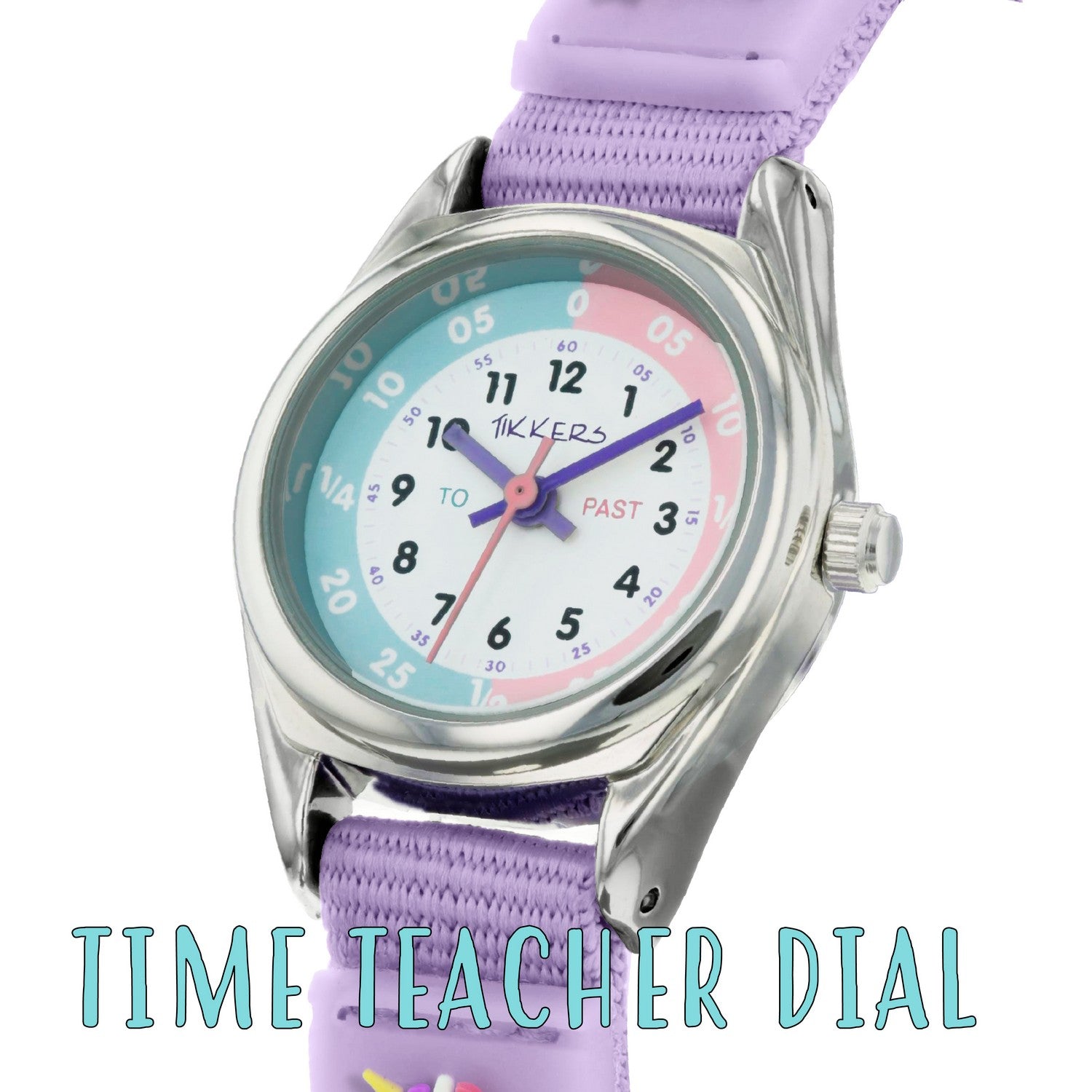 Children's watch with a purple strap and colorful face on a white background