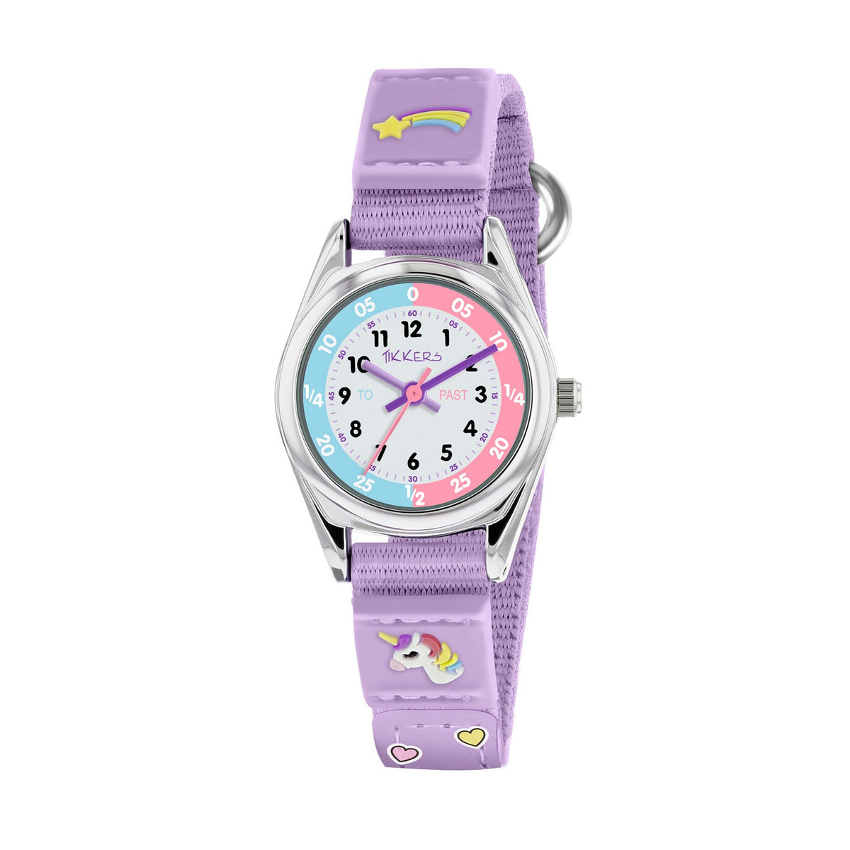 Children's watch with a purple strap and colorful face on a white background