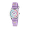 Children's watch with a purple strap and colorful face on a white background