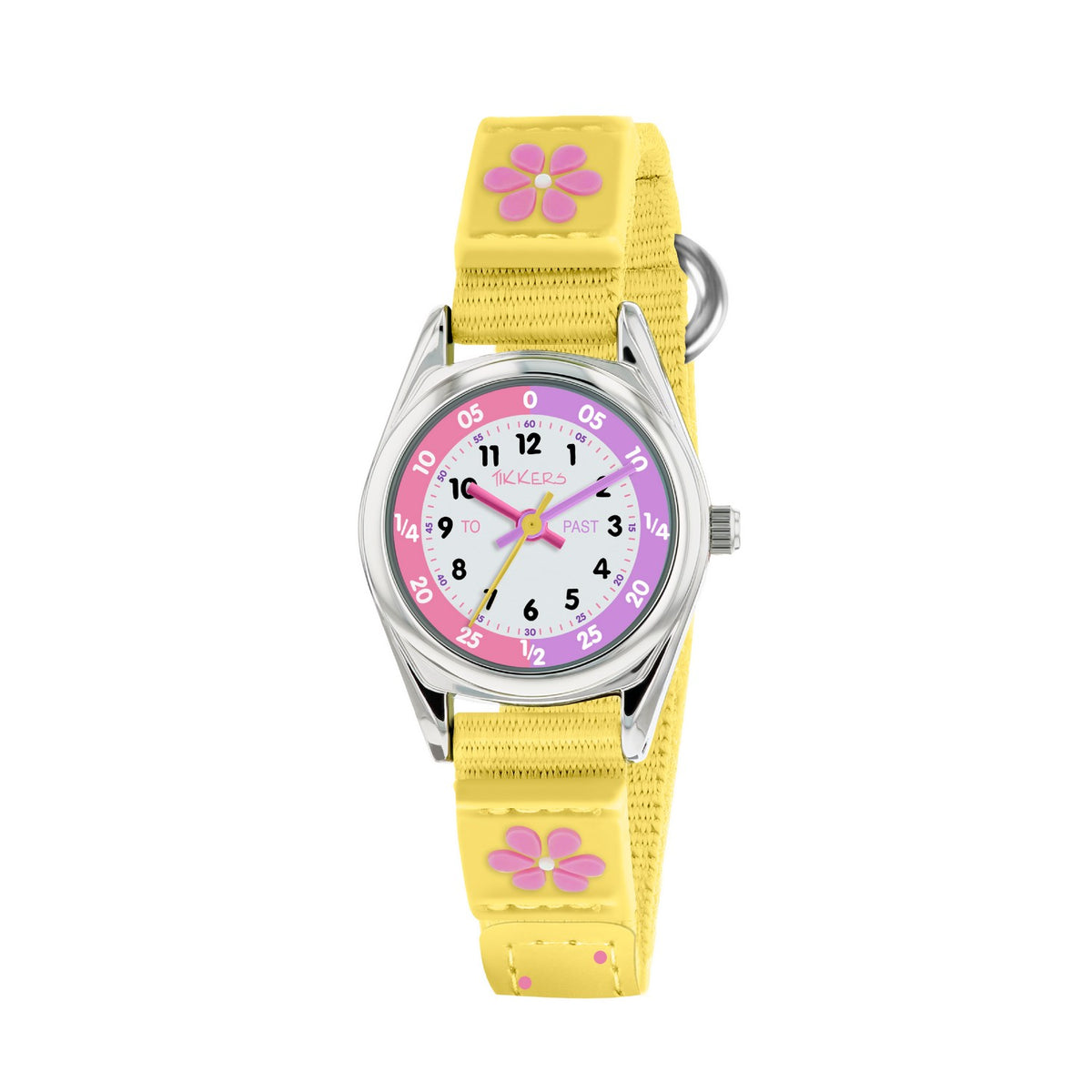 Children's watch with yellow strap and pink floral designs on a white background