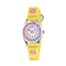Children's watch with yellow strap and pink floral designs on a white background