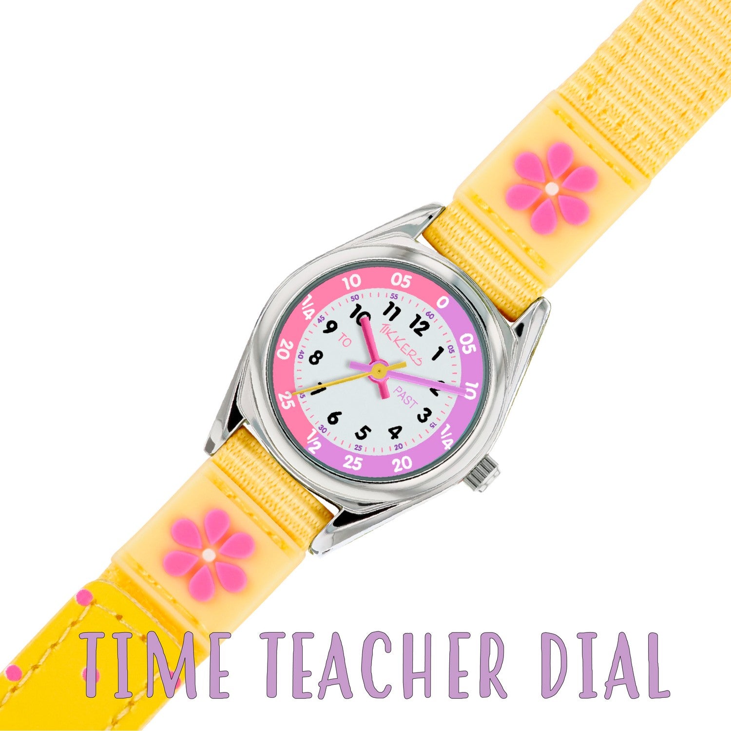 Children's watch with yellow strap and pink floral designs on a white background