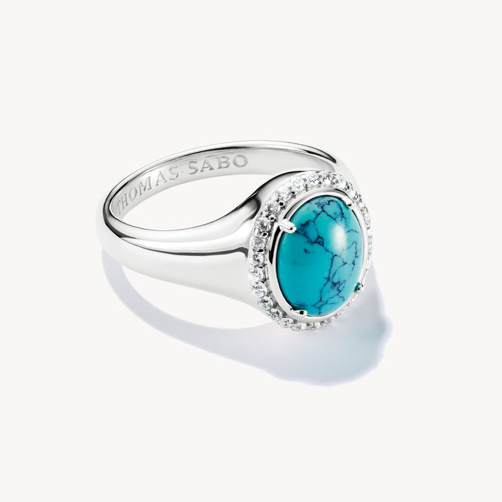 Silver ring with a turquoise stone on a white background