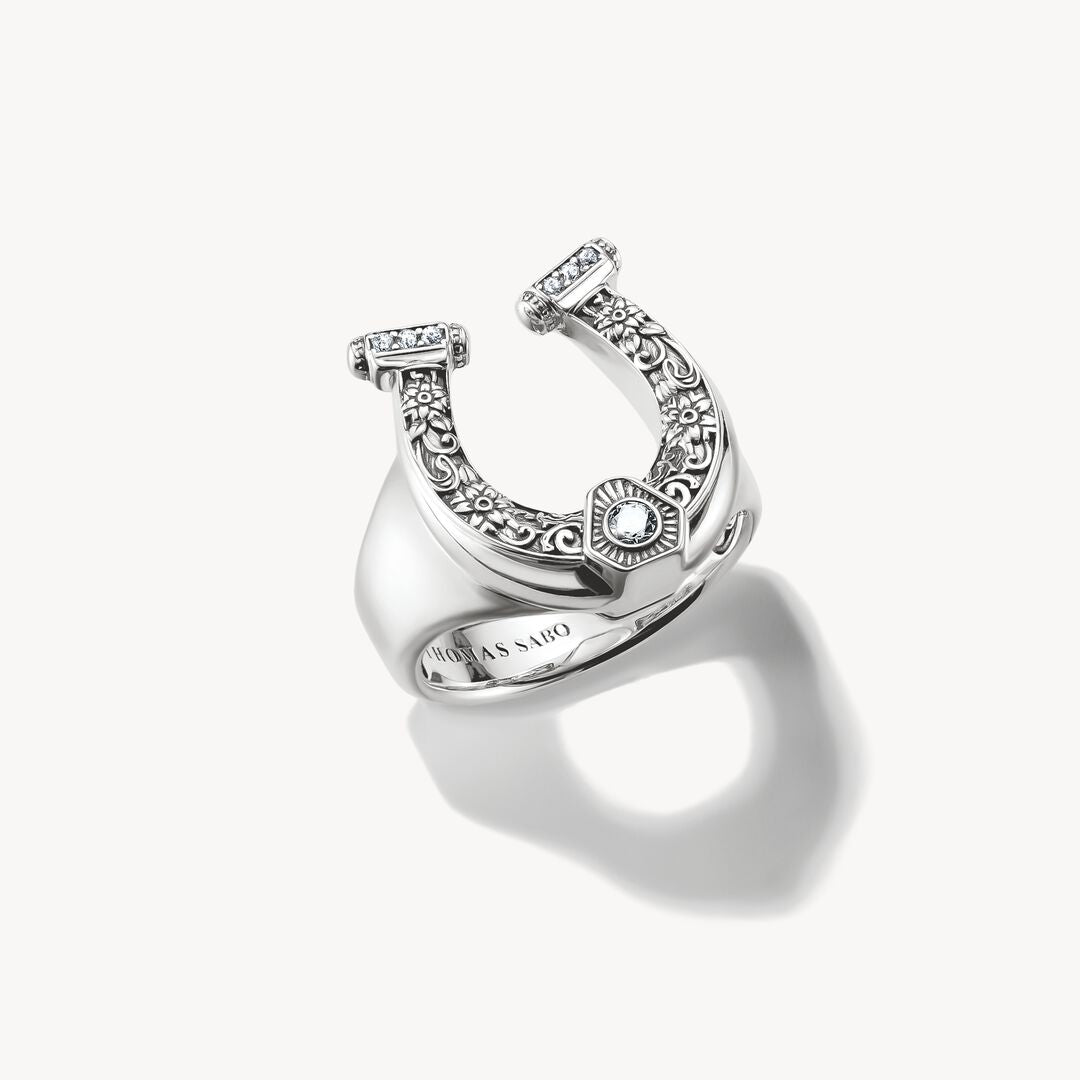 Silver horseshoe-shaped ring with embedded stones on a white background