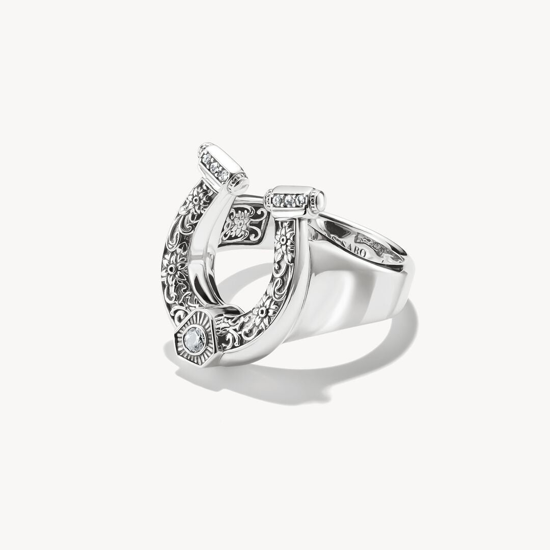 Silver horseshoe-shaped ring with embedded stones on a white background