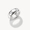 Silver ring with embedded diamonds on a white background