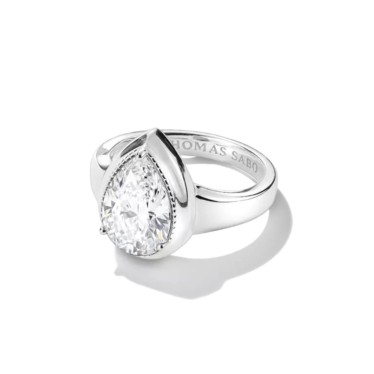 A Thomas Sabo pear-cut diamond ring in a polished silver-tone setting, shown on a clean white background with a soft shadow.