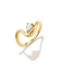 A yellow gold ring with a curved, wave-like band and a pear-cut clear gemstone in the center, shown on a clean white background with a soft shadow.