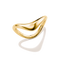 A polished gold abstract ring with a flowing, wavy open design, photographed on a clean white background with a soft shadow.