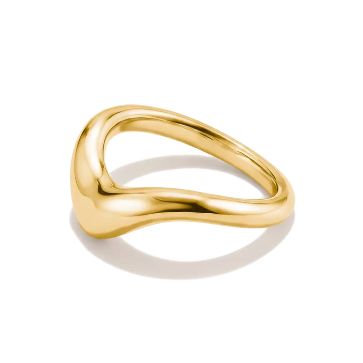 A polished yellow gold ring with a fluid, organic wavy design, shown on a clean white background with a soft shadow.