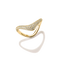 A gold ring with a wavy, open design, featuring a pavé-set row of clear stones on the top curve, photographed on a white background with a soft shadow.