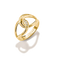 A gold interlocking rings ring with a small clear stone accent and 'TOGETHER' engraved on the top, and 'THMAS SABO' on the band, shown on a white background with a soft shadow.