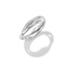 A polished silver-tone ring with a curved band featuring a row of small clear stones, photographed on a clean white background with a soft reflection below.