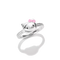 A silver Hello Kitty ring by Thomas Sabo, featuring a polished silver cat head with a pink bow, set on a silver band adorned with small clear stones, shown on a white background with a soft reflection.