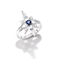 A silver star-shaped ring featuring a central deep blue gemstone and small light blue accent stones, photographed on a clean white background with a soft reflection.