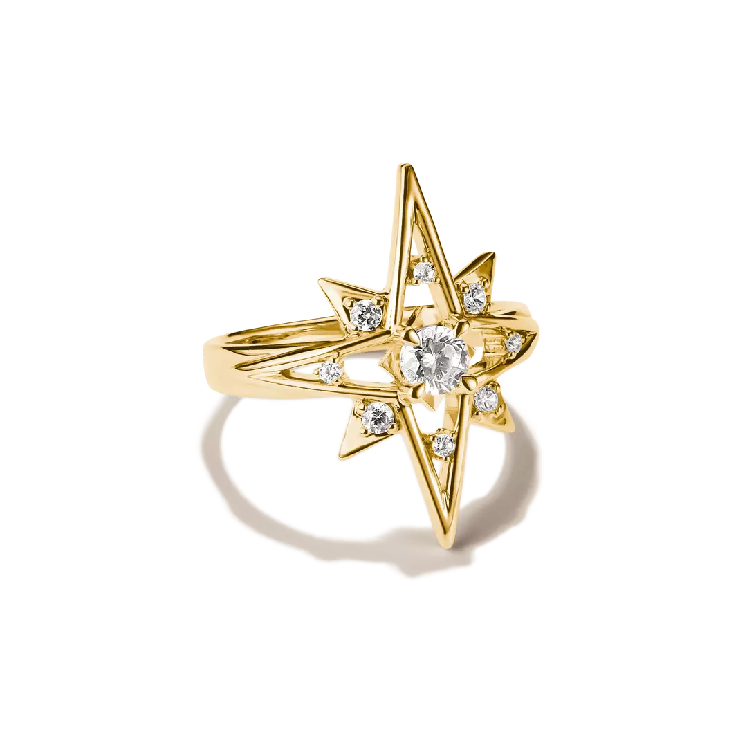 A gold starburst ring featuring a central round clear gemstone surrounded by smaller sparkling stones, set on a polished gold band against a clean white background.