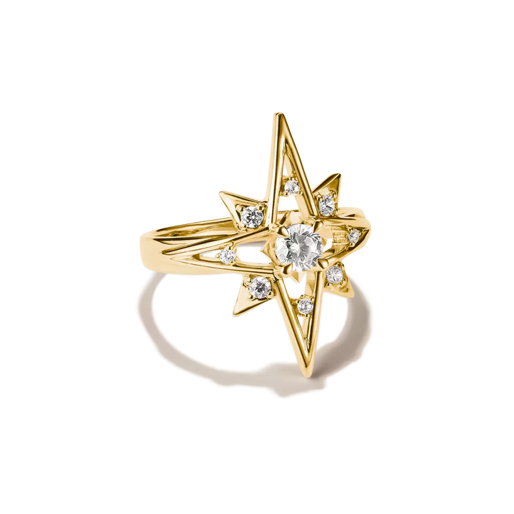 A gold starburst ring featuring a central round clear gemstone surrounded by smaller sparkling stones, set on a polished gold band against a clean white background.