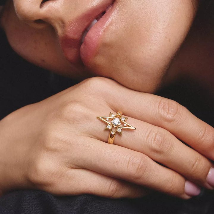 A close-up lifestyle shot of a person's hand resting under their chin, wearing a gold starburst ring with a central clear gemstone.