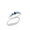 A silver five-stone ring featuring one dark blue oval center stone and four light blue marquise-cut side stones, displayed on a clean white background with a soft shadow.