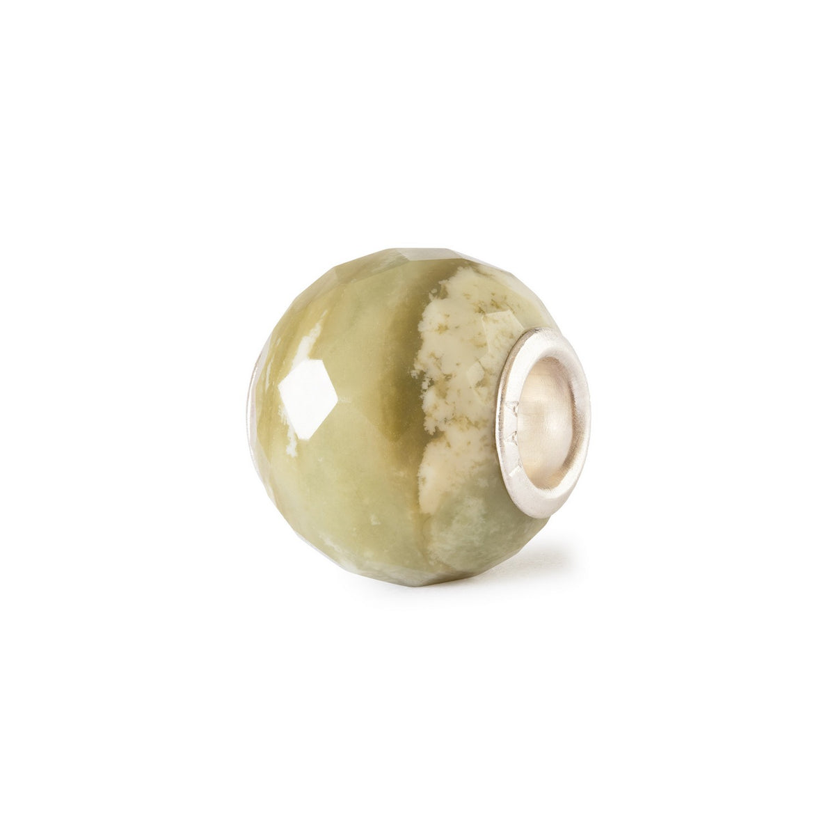 Green bead with silver accent on a white background