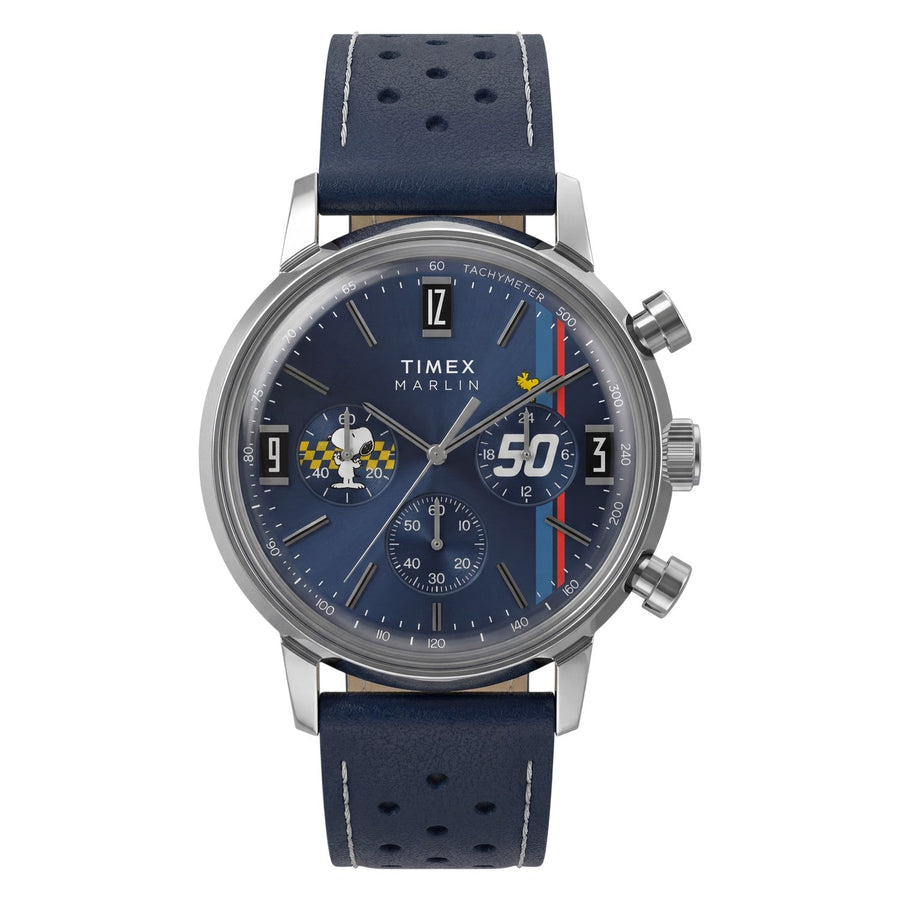 Timex Mens Peanuts  x Timex Marlin  Chronograph 40mm Leather Strap Watch TW2Y85300