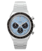 A Timex chronograph watch with a silver stainless steel case and link bracelet, featuring a light blue dial with black subdials and a black tachymeter bezel, shown against a plain white background.
