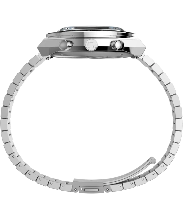 A silver stainless steel analog watch shown from the side, featuring a multi-link metal bracelet, a textured crown, and side pushers on a plain white background.