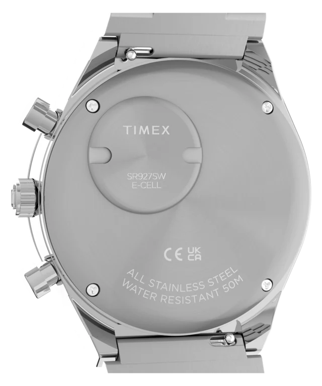 Close-up of the back of a stainless steel Timex watch, showing the branded case back and metal bracelet links on a white background.