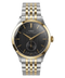 A Timex The Waterbury men's watch featuring a two-tone silver and gold stainless steel bracelet, a gold-tone case, and a dark gray/black textured dial with gold hands and markers.