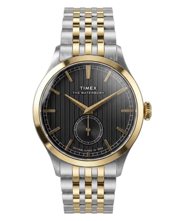 A Timex The Waterbury men's watch featuring a two-tone silver and gold stainless steel bracelet, a gold-tone case, and a dark gray/black textured dial with gold hands and markers.