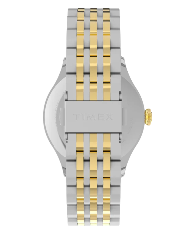 The back view of a Timex watch with a two-tone stainless steel and gold link bracelet, shown on a solid white background.