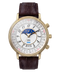 A Timex Swiss World Clock watch with a gold-tone case, white dial, brown leather strap, and a central moonphase indicator, shown on a plain white background.