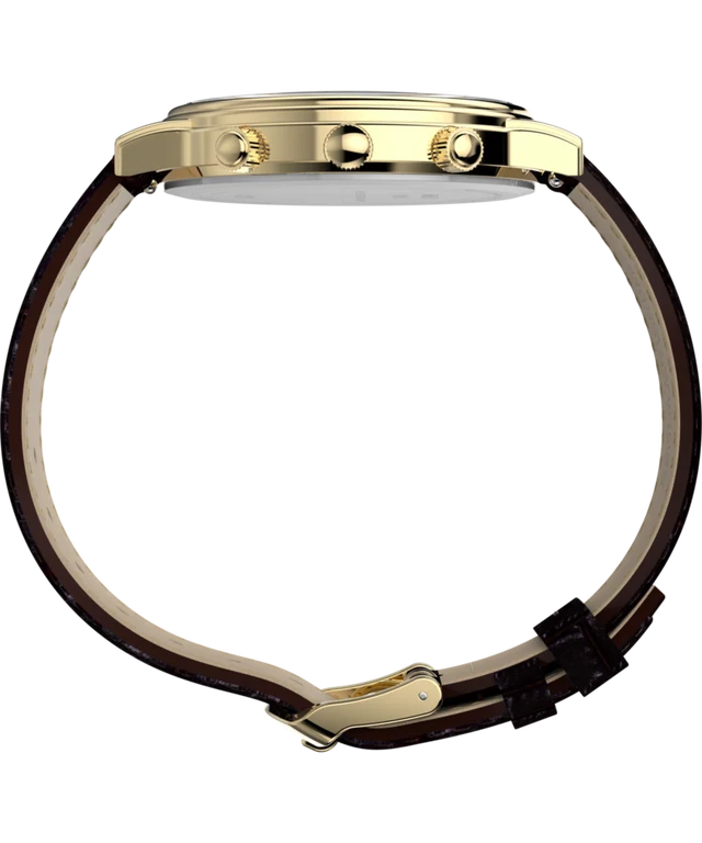 A close-up side view of a watch with a gold-tone case and a dark brown leather strap, shown against a plain white background.
