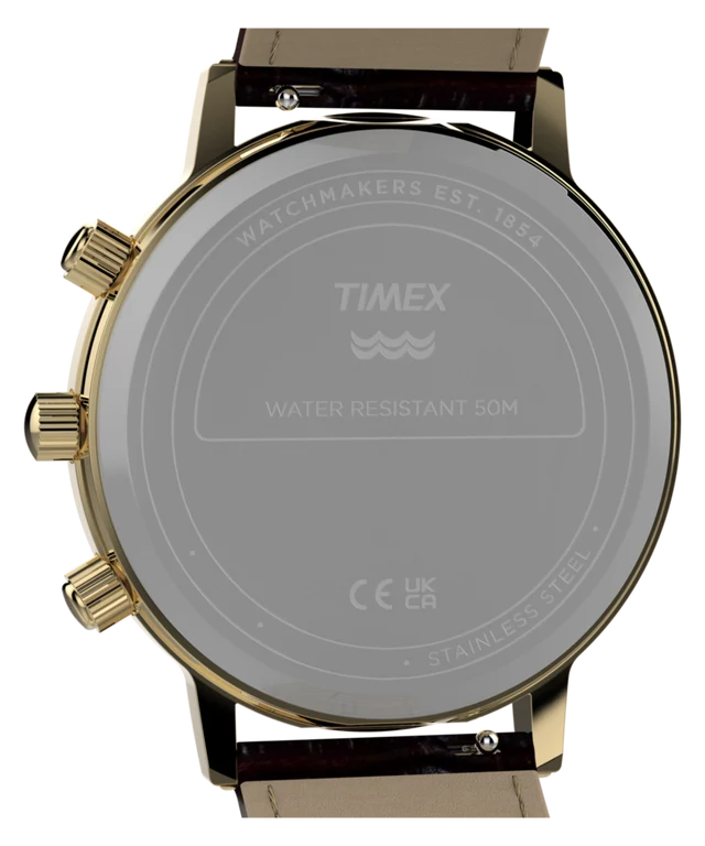 Back view of a Timex watch with a gold-tone stainless steel case and a dark brown leather strap, showing the water-resistant case back engraved with 'TIMEX' and 'WATER RESISTANT 50M'.