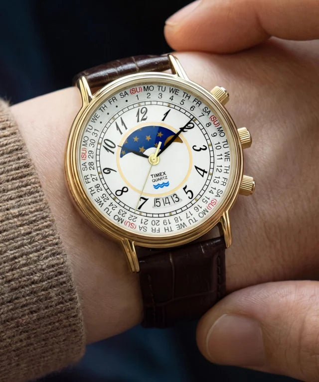 Timex Mens Timex 1990 Moon Phase and Calendar Dial Reissue 37mm Leather Strap Watch TW2Y99000
