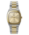 A Timex women's watch with a two-tone silver and gold stainless steel case and link bracelet, featuring a champagne-gold dial with gold-tone hands and indices.