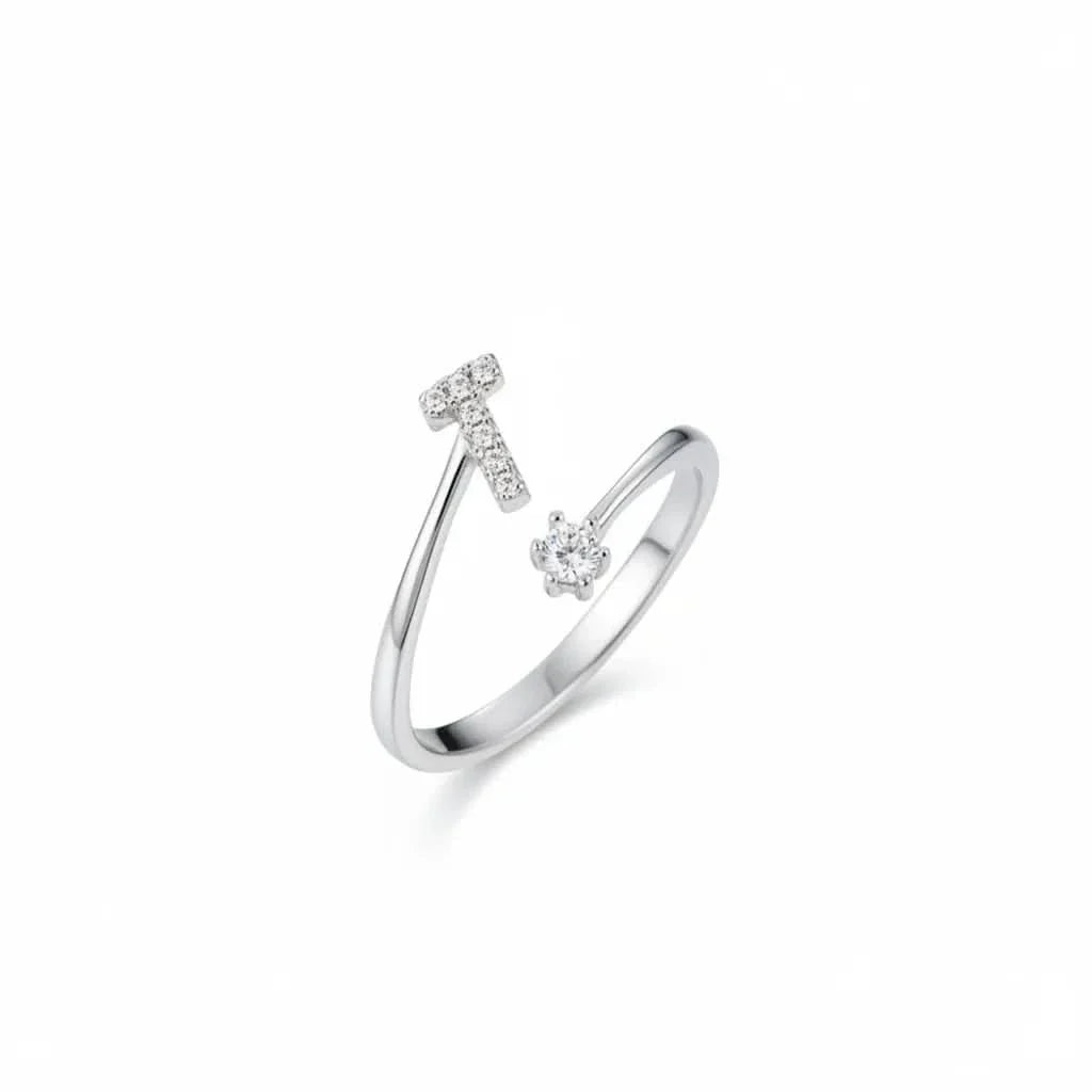 Diamond Initial Letter Silver Ring